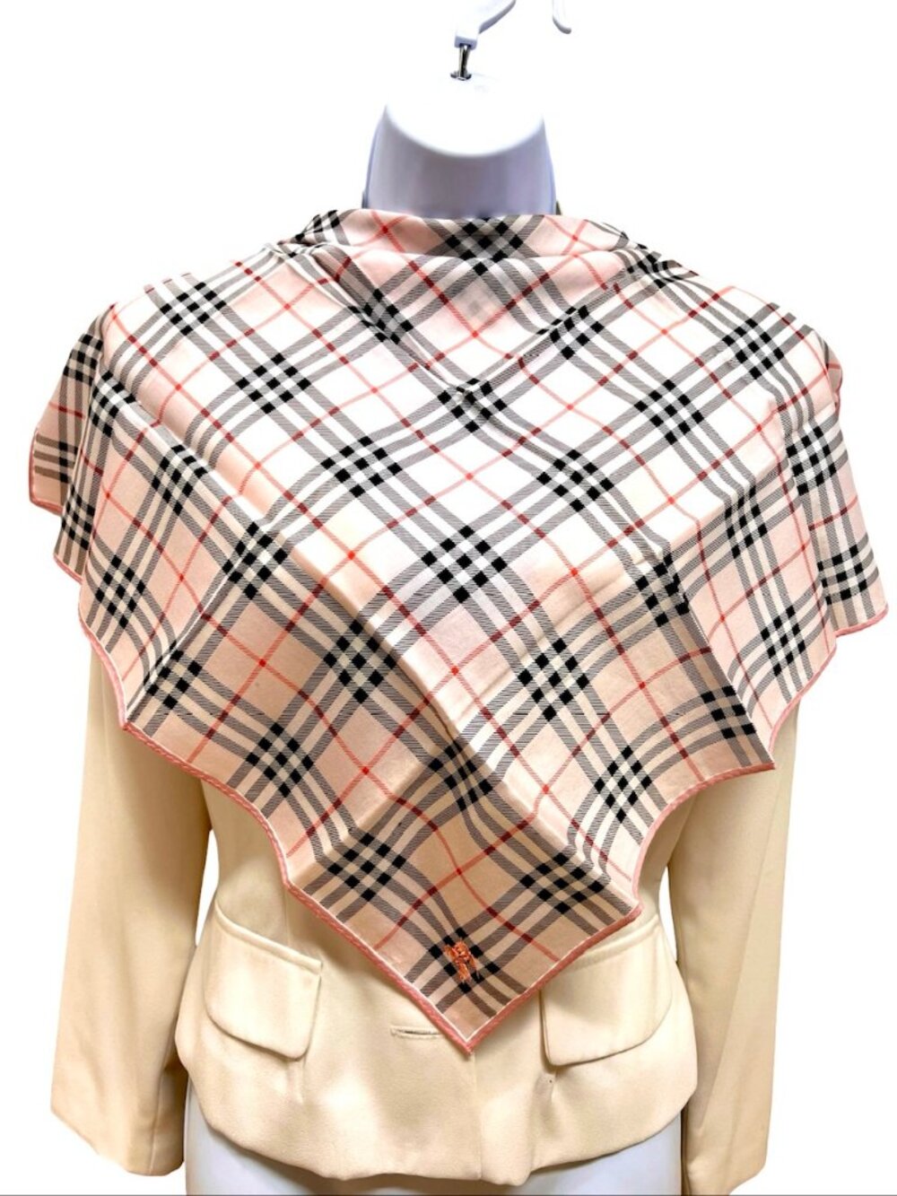 New- Burberrys mini scarves /neck-kerchief19.5"x19.5 Pink  gray black check (99) - Picture 7 of 10